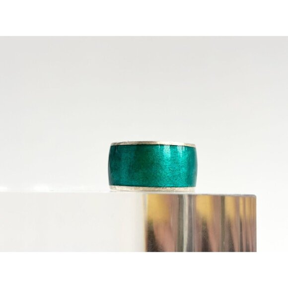 Turquoise Enamel Cigar Style Band Vintage Sterling Silver Ring - sz 7.25 - Picture 3 of 10